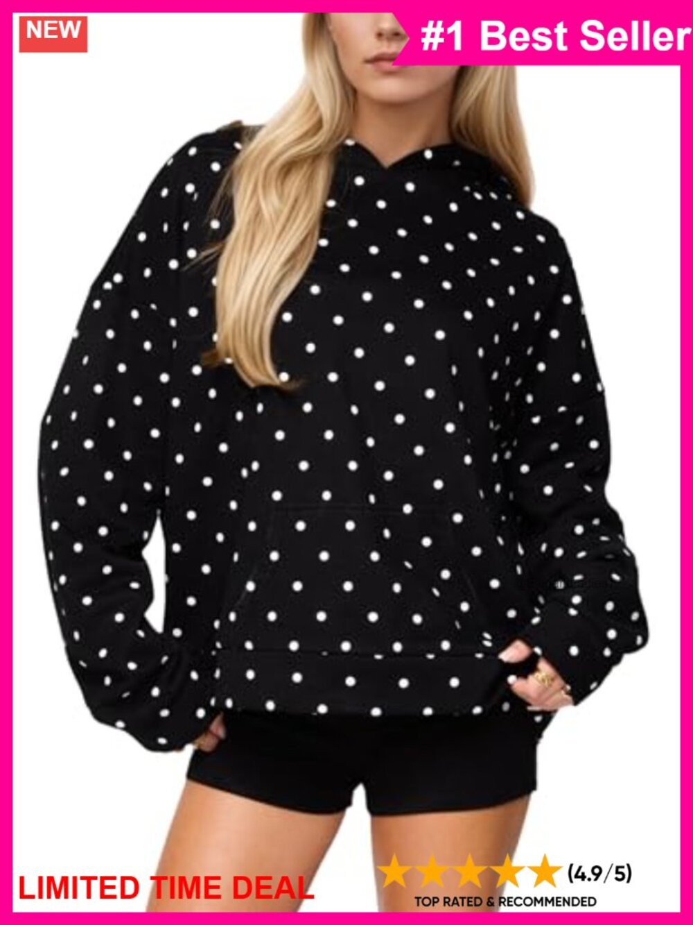 Oversized Fleece Polka Dot Hoodie Pullover Long Sleeve Sweatshirt